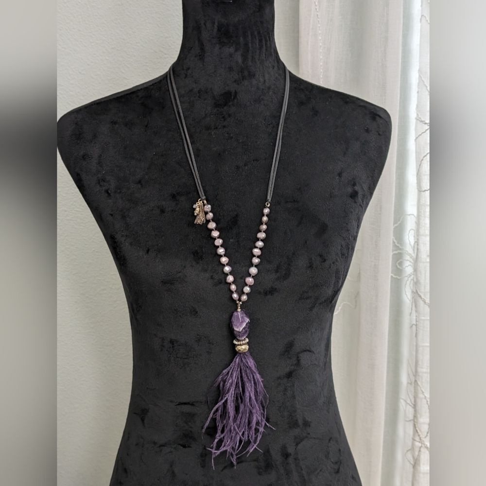 Chico's Retired Purple Feather Pendant Necklace Natural Pearl